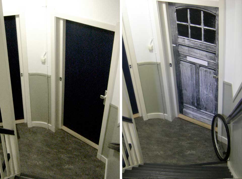 A before and after shot of the front door at Mariekes apartment