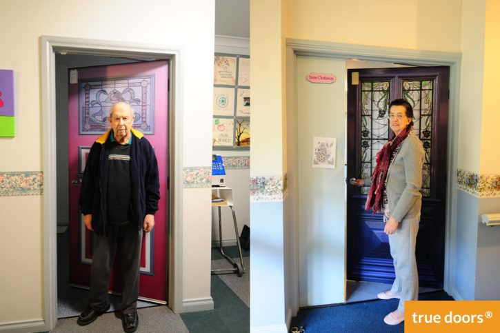 Emidio Fattore (left) and Irene Chattaway (right) next to their new True Doors at Cypress View Lodge